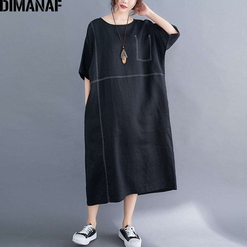 DIMANAF-vestido holgado informal de lino y algodón para verano, traje holgado para mujer en tallas grandes, color negro,