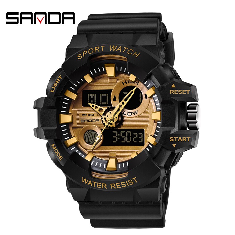 Sanda heren elektronisch horloge waterdicht lichtgevend sporthorloge heren elektronisch digitaal horloge relogio digital montre homme: Zwart goud
