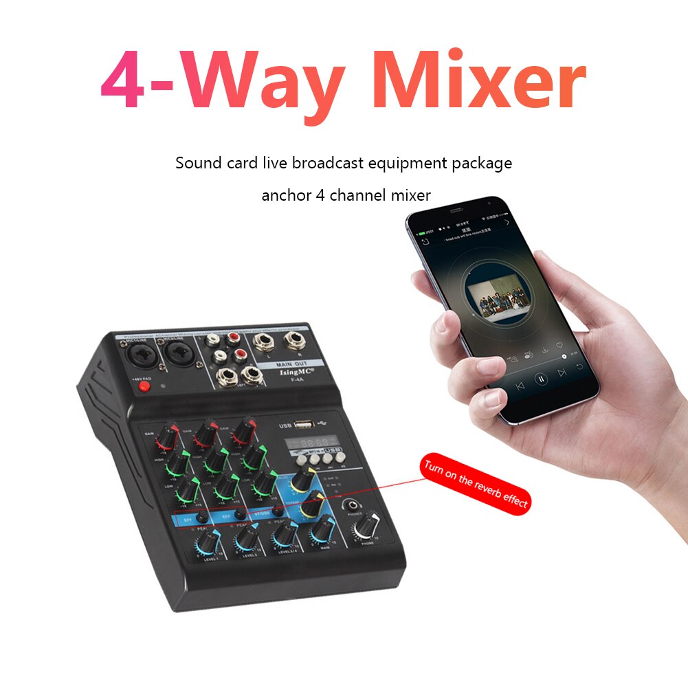 Wireless 4channel Audio Mixer Portable Bluetooth-compatible USB Sound Mixing Console Input Phantom Monitor for PC Record Karaoke