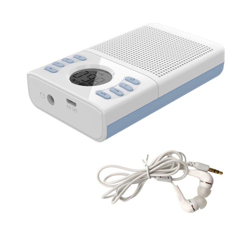 Mini fm radio 50-108 mhz stereo radiohøjttaler med led display blød antenne understøtter slukning af hukommelse 2 strømforsyningstilstande: Blå med øretelefon