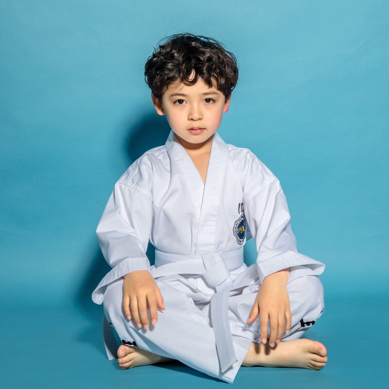 L SERVER Karatepak voor kinderen, jongens, comfortabel, professioneel judopak voor meisjes, V-hals, taekwondo pak met riem, wit A, 134-140