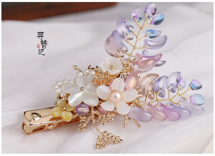Handmade Wisteria flower Hair Clip Kanzashi Hair accessories Hanfu headdress Ancient style Pearl Hairpin Gradient Duckbill clip