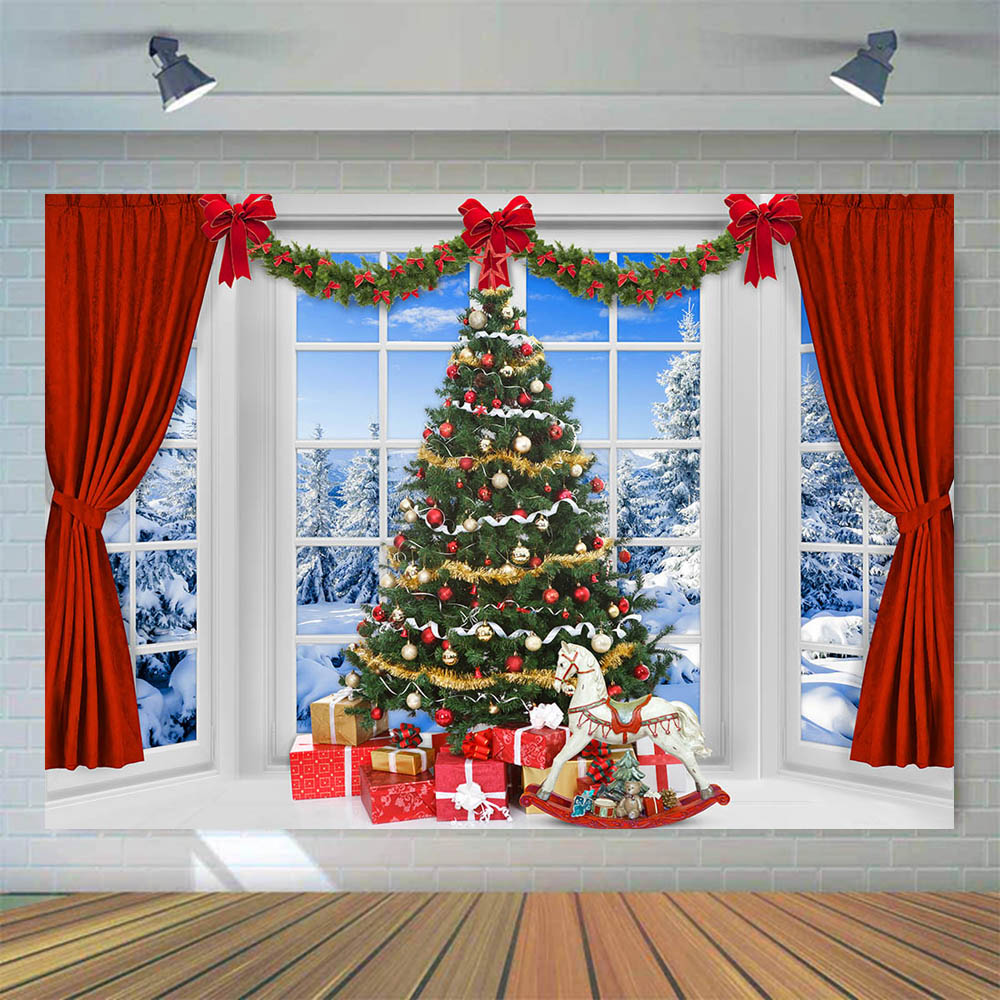 Mocsicka Christmas Backdrop Red Curtains Window Christmas Tree Background for Photo Studio Portrait Photography Photoshoot Props