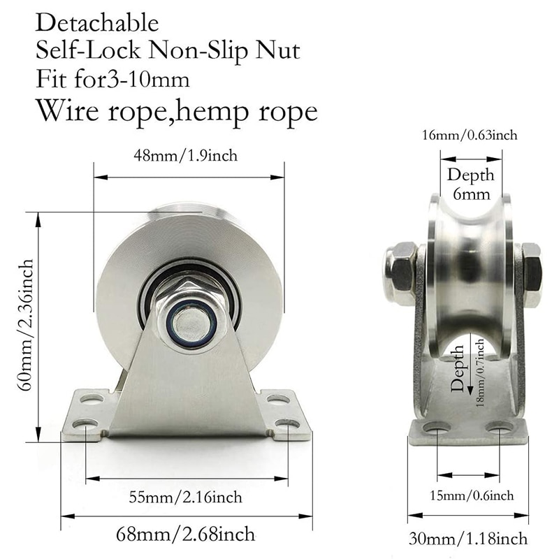 1Pack U-Type Stainless Steel Pulley Block Mute Bearings Groove Sliding Roller Track Wheel