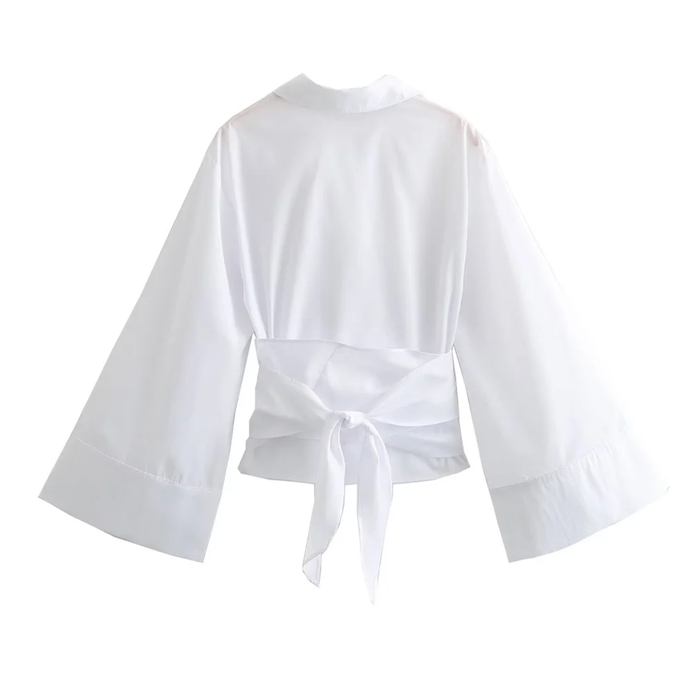 Nueva para mujer, informal, con cuello tipo Polo, pajarita, edición corta, camisa de popelina con doble botonadura