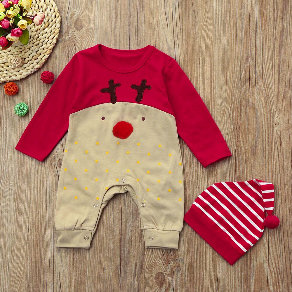 Niedlichen Babys 2 PCS WEIHNACHTEN Romper Kleidung Set Neugeborenen Baby Junge Mädchen Weihnachten Strampler Gestreiften Hüte Overall Outfits Kleidung