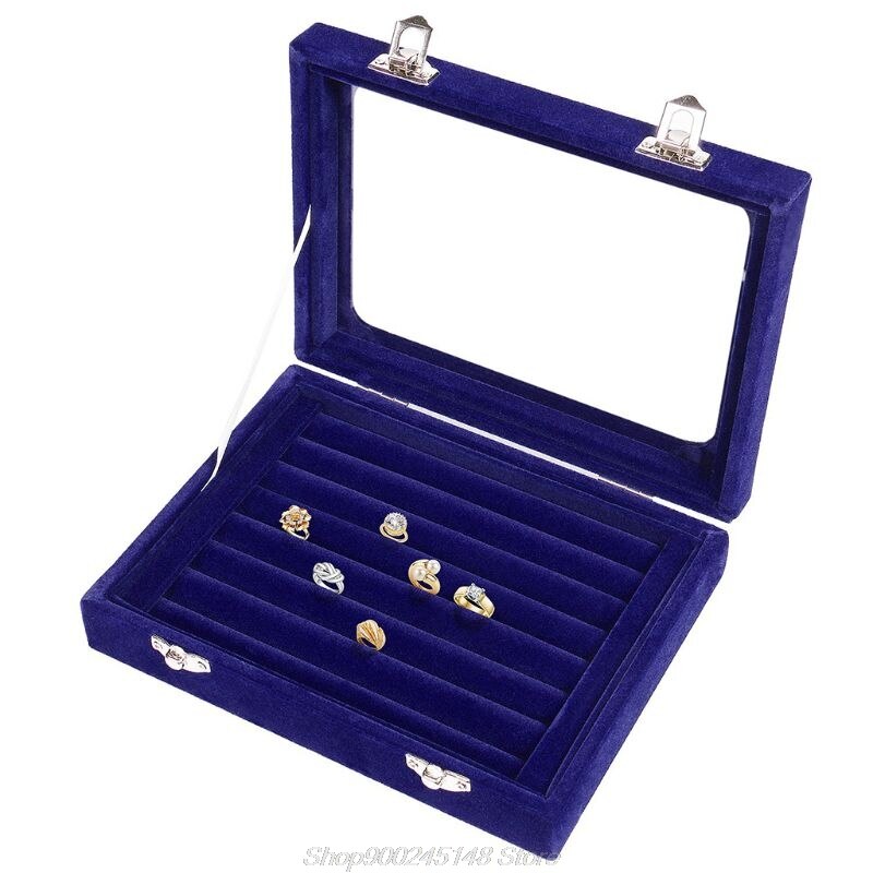 Anillo de cristal de terciopelo organizador para presentación de joyas caja bandeja soporte estuche para almacenamiento portátil joyero almacenamiento cremallera joyeros: Blue