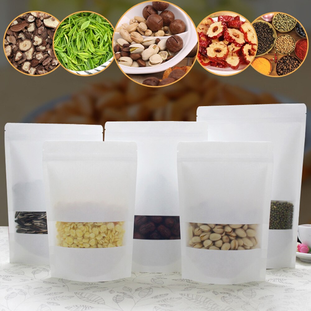 50pcs White Kraft Paper Bags Stand Up Zipper/zip Lock Candy Tea Dried Fruit Packaging Moisture-proof Open Window Pouch