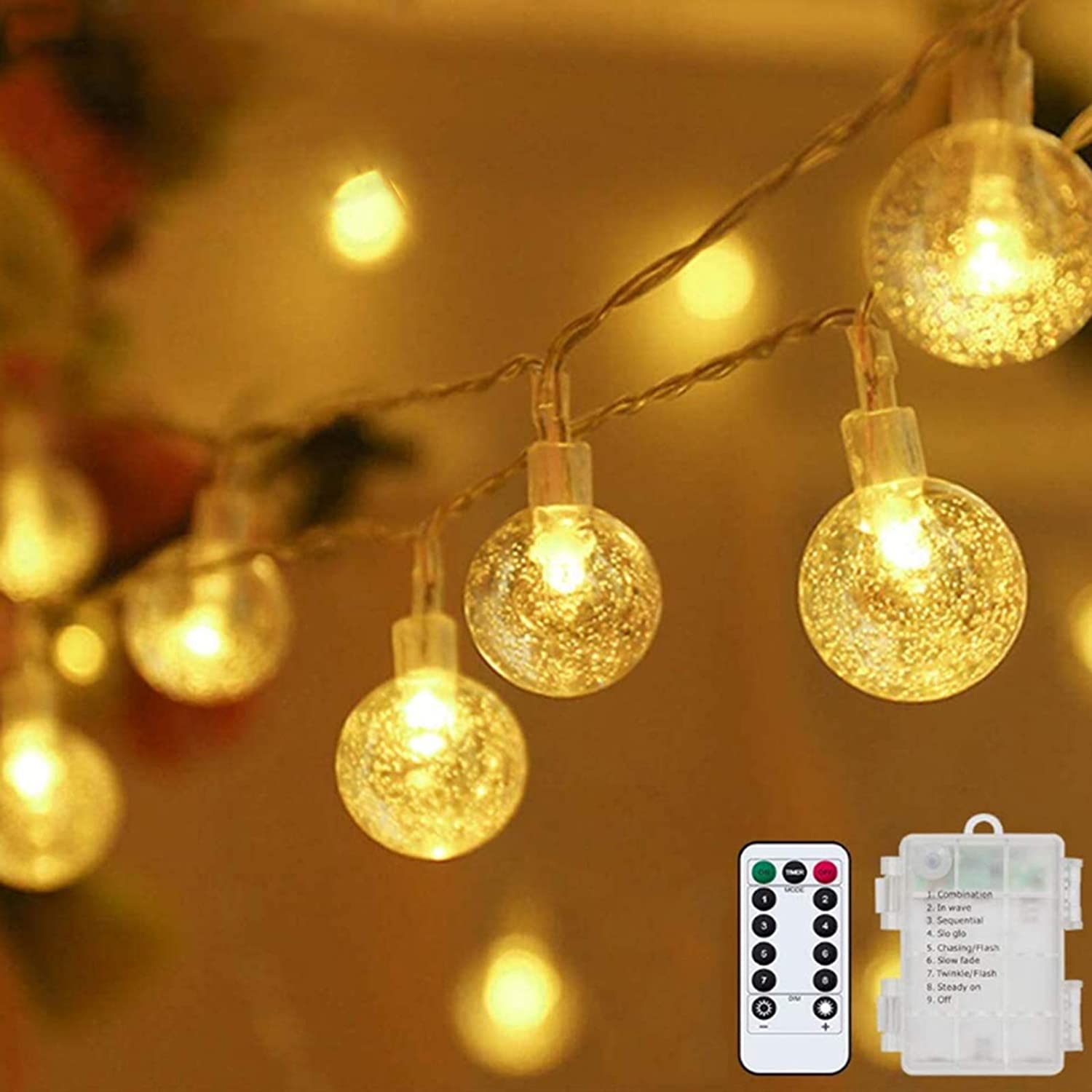 Cadena de luz navideña, bola LED, iluminación de cadena, lámpara USB, bombilla, cadena de luz impermeable, 8 modos, Control remoto, lámpara de boda y Navidad