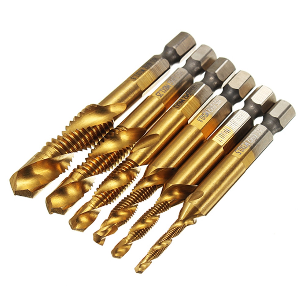 6Pcs M3-M10 Screw Tap Drill Bits HSS Screw Thread Woodworking Metric Tap Combination Bit High Speed Steel Titanium 1/4 Hex Shank