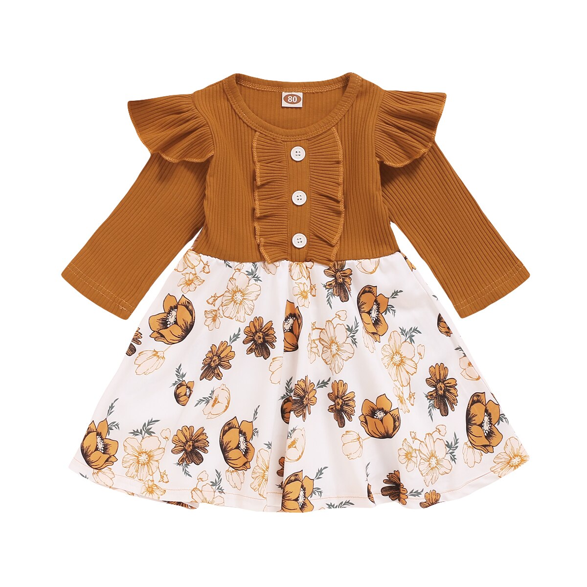 Infant Kids Baby Meisje Patchwork Jurk, Peuter Lange Mouw Ronde Hals Decoratieve Knop Geribbelde Jurk Ruche Kleding: Khaki / 24M