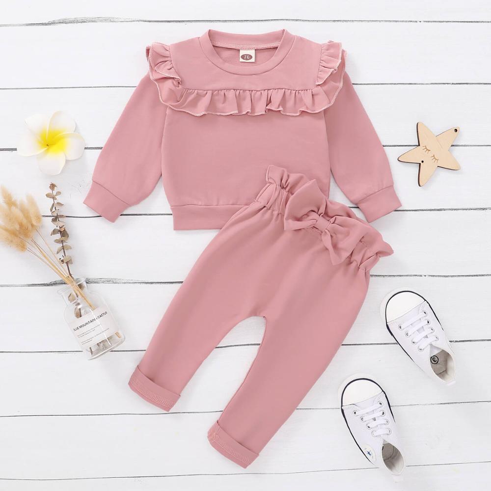 Baby Girl Solid Outfits 2PCS 3T Toddler Girls Clothes Pink Ruffled Long Sleeve Set 2021Chic Spring Baby Clothes Mikrdoo: Pink / 70(6-9M)