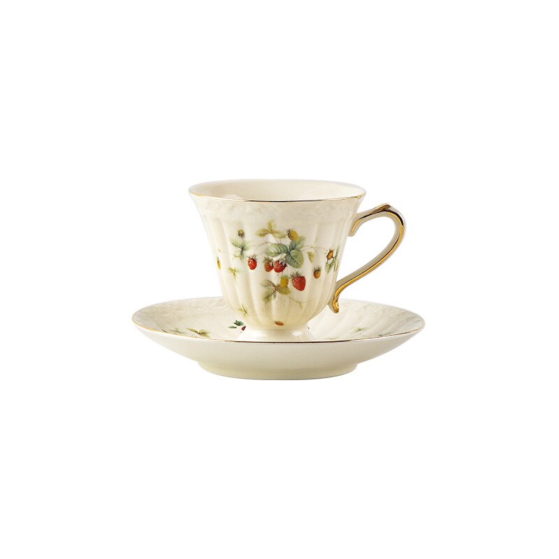 French Ceramic Coffee Cup Sets Saucers Teapot Palace Flower Tea Cups Hand Drawn Rose Butterfly Porcelain Coffee Mugs Drinkware: Strawberry Cup Set
