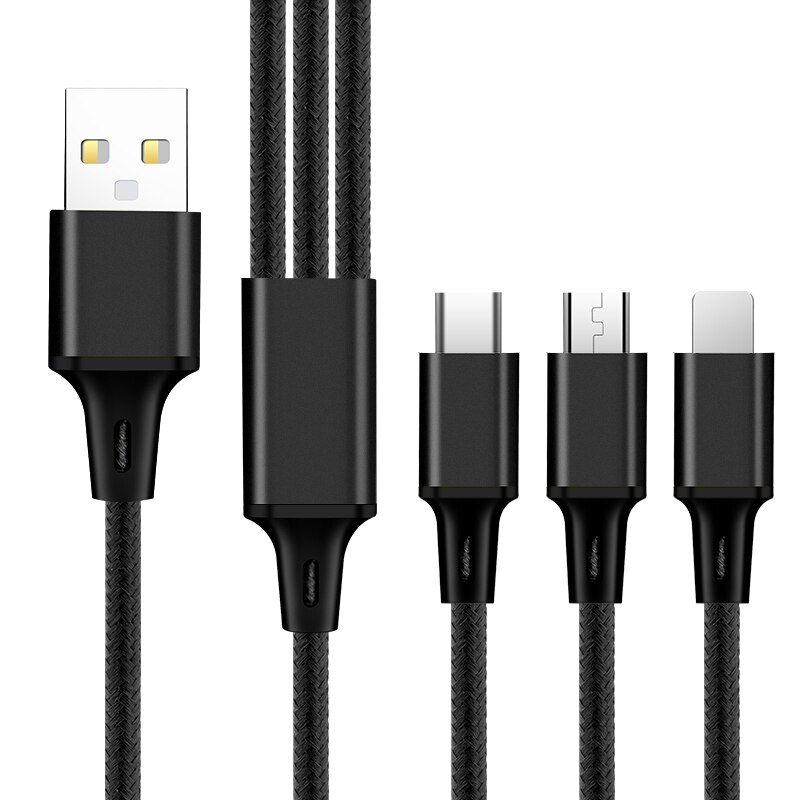 3 in1 2.4A USB Type C Fast Charging Data Cable One For Three Apply To Android Apple Type-C Smartphone 1.2m Nylon Braided Wire: A-BLACK