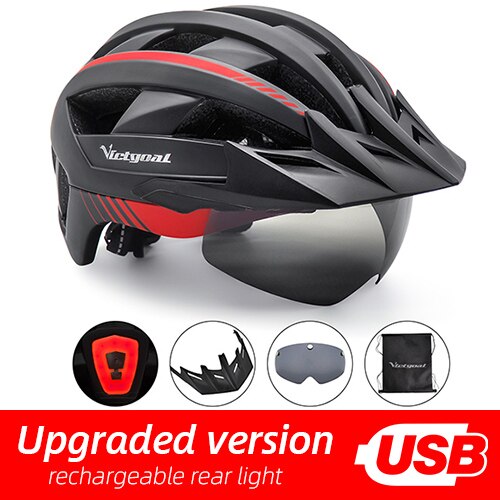 Victgoal Bicycle Helmet LED Moutain Road USB Rechargeable Light Cycling Helmet For Man Sun Visor Goggles Men MTB Bike Headgear: BlackRed USB LED