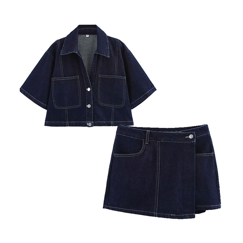 Sommer denim todelt sæt korte ærmer lommer dame top mini nederdel shorts afslappet dame 2 sæt  y2k: Xs / Grøn