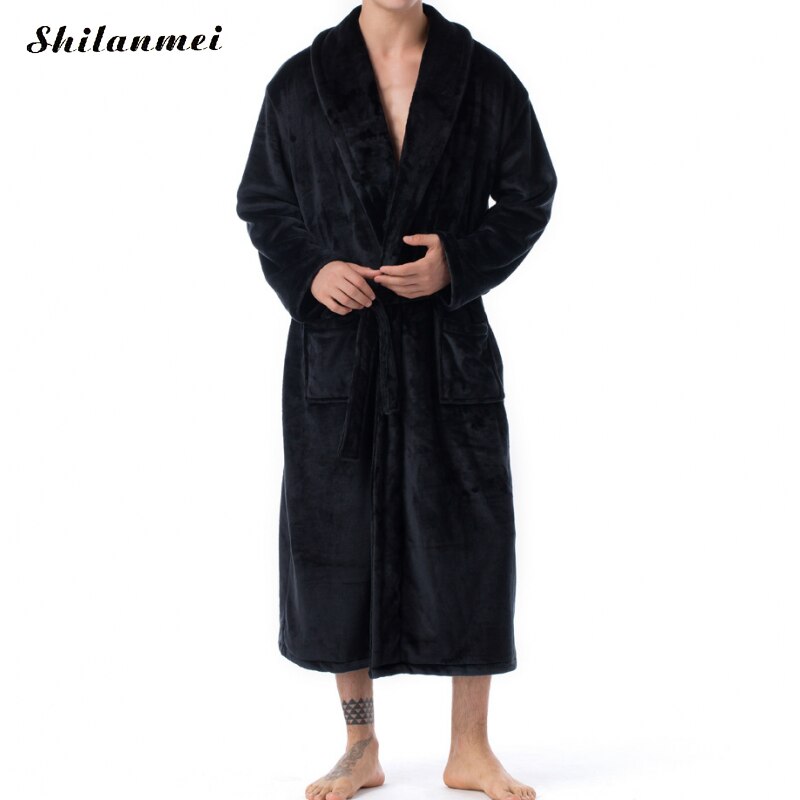 Afslappet mandlig morgenkåbe herre badekåber langærmet revers krave herre flannel morgenkåbe med bælte plys kimono varm mandlig badekåbe frakke
