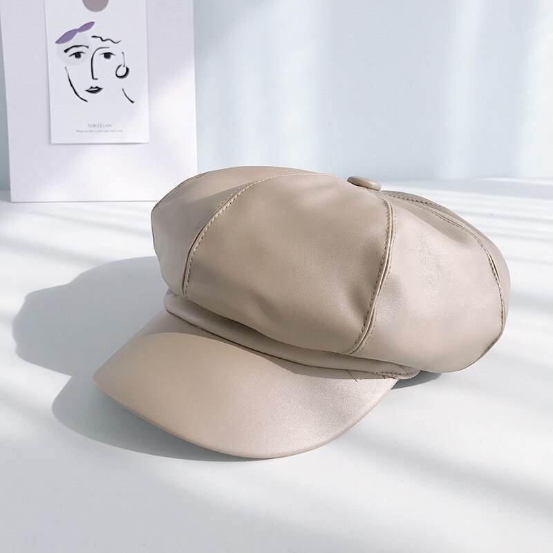 Cuero octogonal cap mujeres invierno otoño cap casual boina Hat niñas artista pintor cap hombre tapa plana: khaki