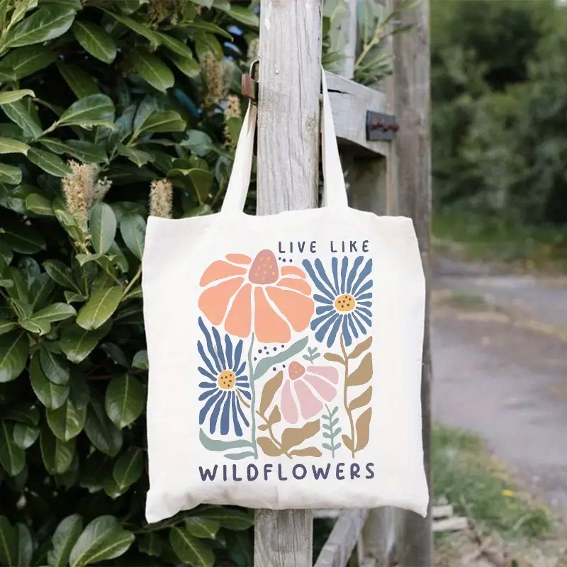 Boho Floral Print Canvas Tote Bag Women's Aesthetics Wildflowers Beach Shoulder Bag Student Casual Travel Floral Trend Handbag: Dark Grey