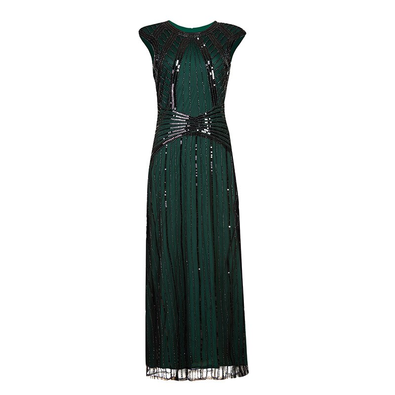 Beauty-Emily Mode O Hals Avondjurken Lange Vrouwen Jurk Pailletten Kwastje Party Prom Jassen Mouwloze retro Jurk: Green / 4