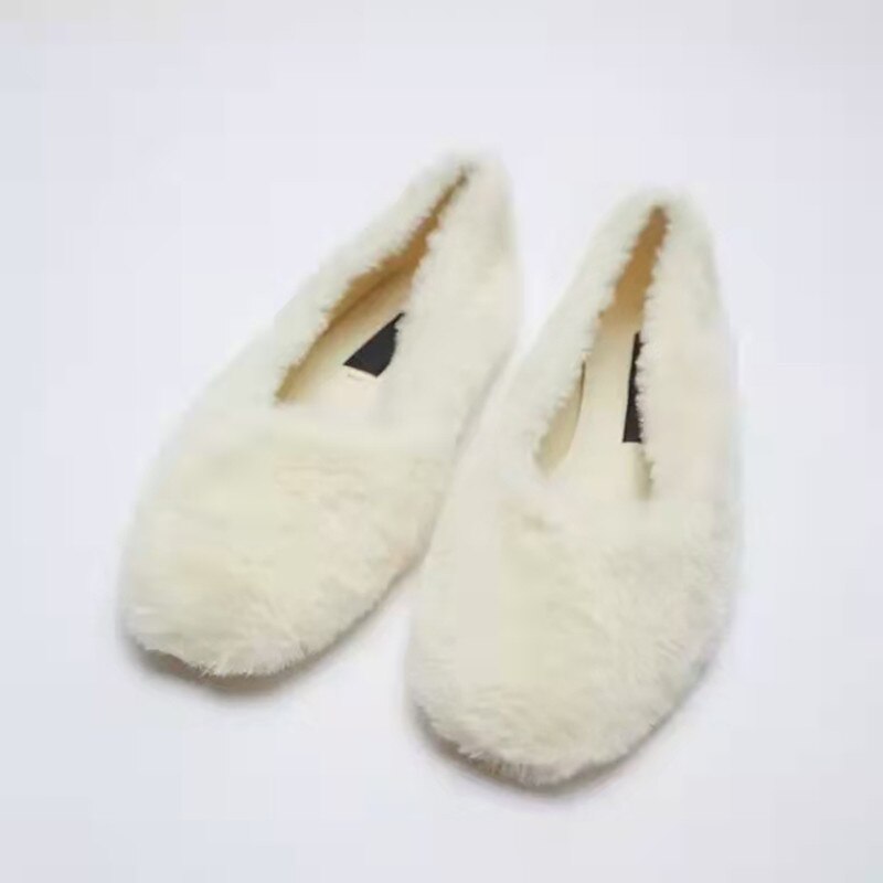 ZA Single Maomao Shoes Light Beige Fur Plush Flat with Ballet Shoes Winter warm Boat shoes for women:  LIGHT Khaki / 38