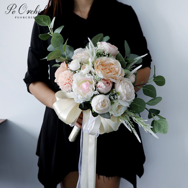 Peorchid champagne pink brudebuket silke blomster brudepige eucalyptus pæoner kunstig buket mariage dekoration