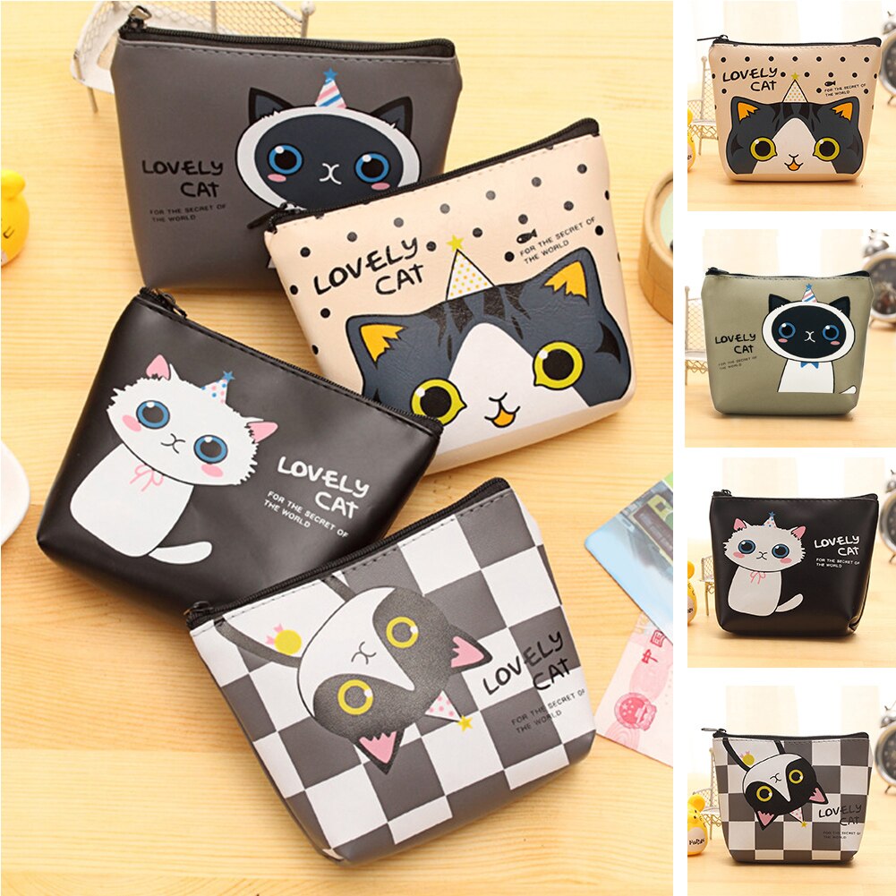 Vrouwenmeisje mini cartoon schattige kat portemonnee mini portemonnee muntzak pu leren dames clutch tas sleutelkaarthouder tas