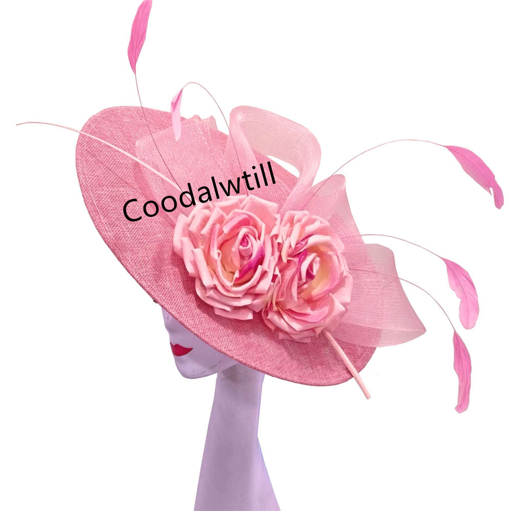 Grote Bloem Fascinators Hoed Hoofddeksel Vrouwen Kentucky Kerk Hoeden Dames Derby Veer Pillendoos Fascinator Hoeden: Roze