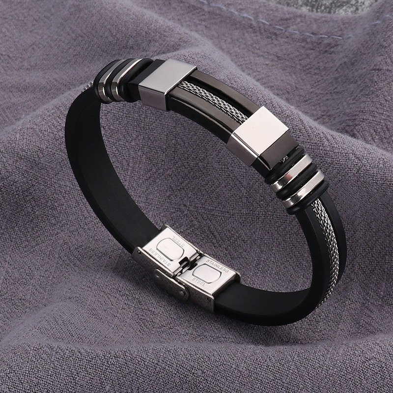 Stainless Steel Silicone Bracelet Men's Charm Metal Folding Buckle Bracelet Trend Jewelry: A11165-black