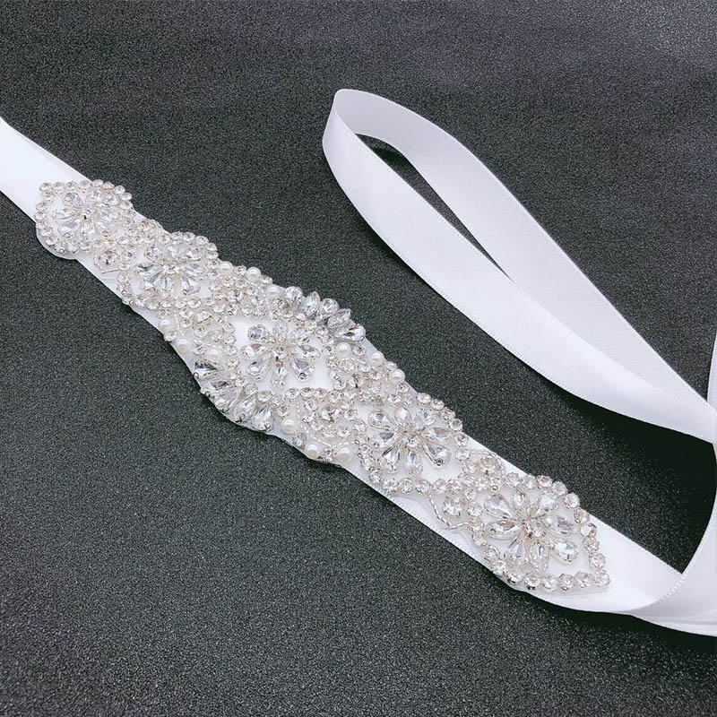 Brudbälte Applikation - Strass Bröllopsbälte - Festklänning Sash - B27: Vit