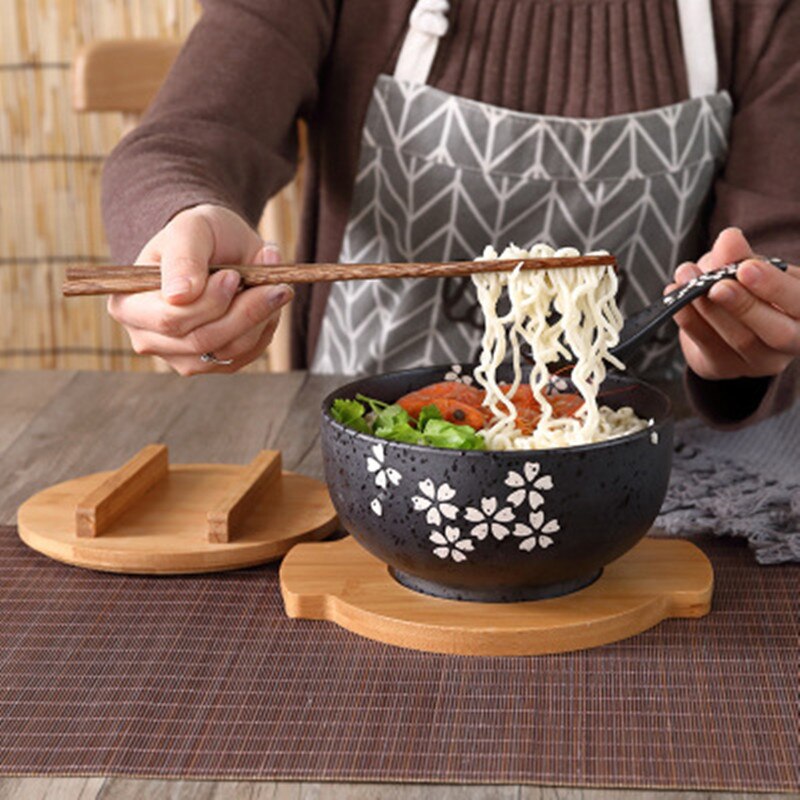 Keukengerei Japanse kom Instant Noedels Servies eetkamer Servies Salade Keramische kom Brengen Houten Lepel Houten Eetstokje