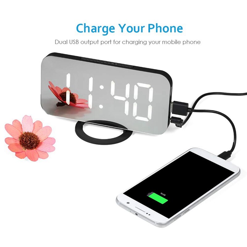 LED Digital Alarm Clock with Large White Font Display Mirror Surface Snooze Function for Bedroom Children's Rooms Office