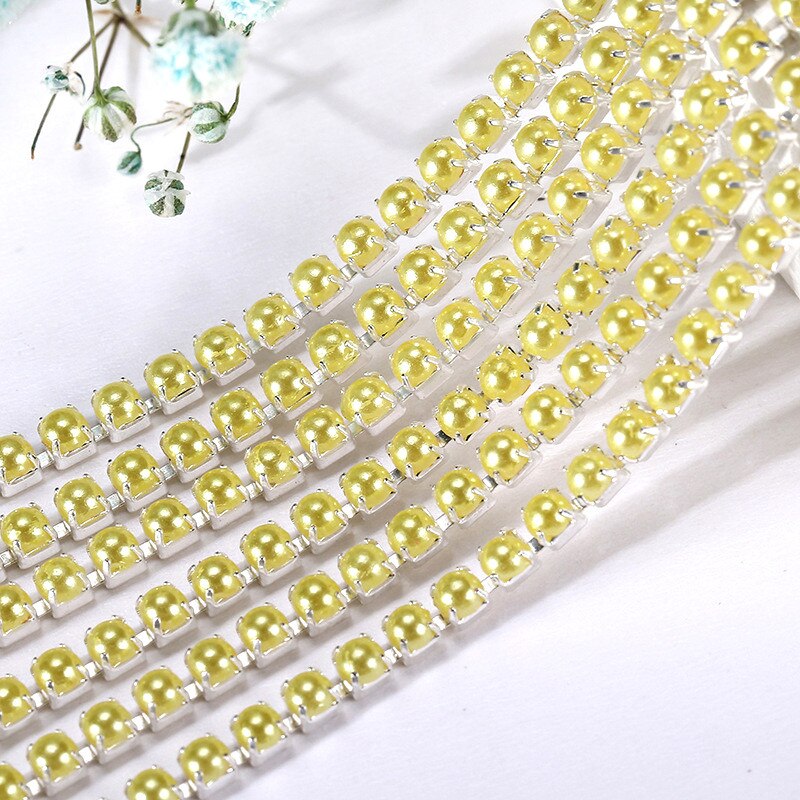 2Mm Crystal Pearl Rhinestone Chain Silver Base Cup Parel Ketting Voor Naaien Diy Kledingstuk Accessoires Trim: 2mm-1 yard / Jonquil