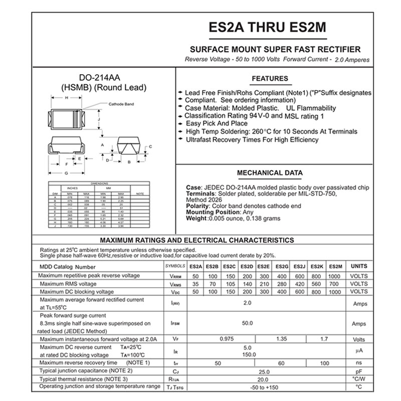 50Pcs Smd Snelle Gelijkrichter Diode ES1G ES2D ES1M ES2G ES1J GS1M ES1D ES2J ES3M 1A 2A 200V 400V 600V 1000V DO-214AC Sma