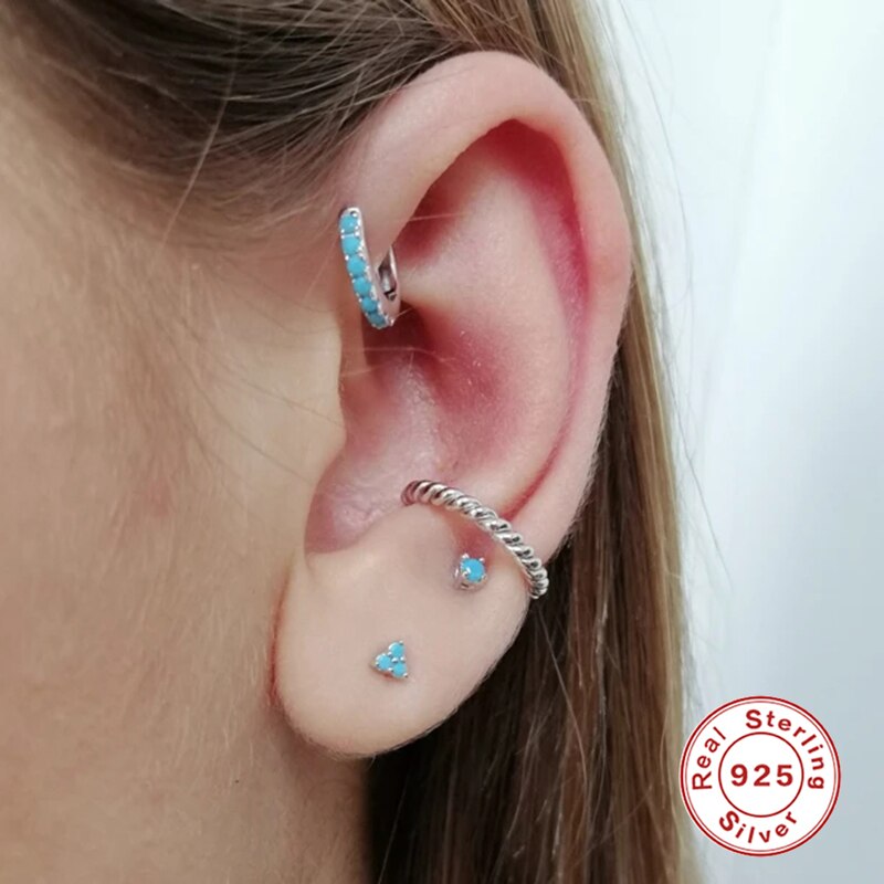 ROXI 3pcs Round Triangle Turquoise Stone Stud Earrings for Women Earring Piercing 925 Sterling Silver Jewelry Orecchini