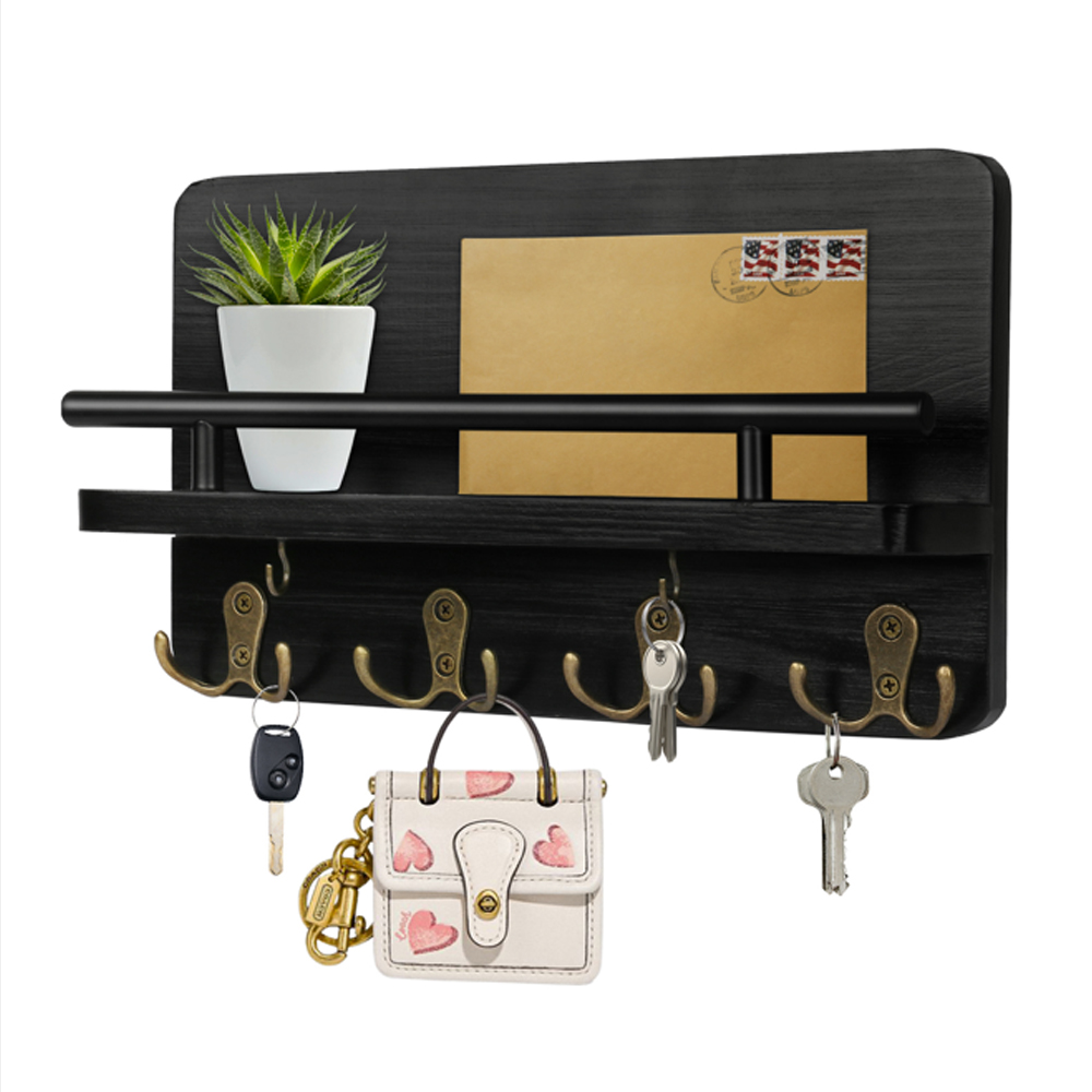 Key Holder Wall Mounted Mail Holder with 10 Hooks and 2 Wooden DIY Keychains Wooden Decorative Key Hanging Rack Mail