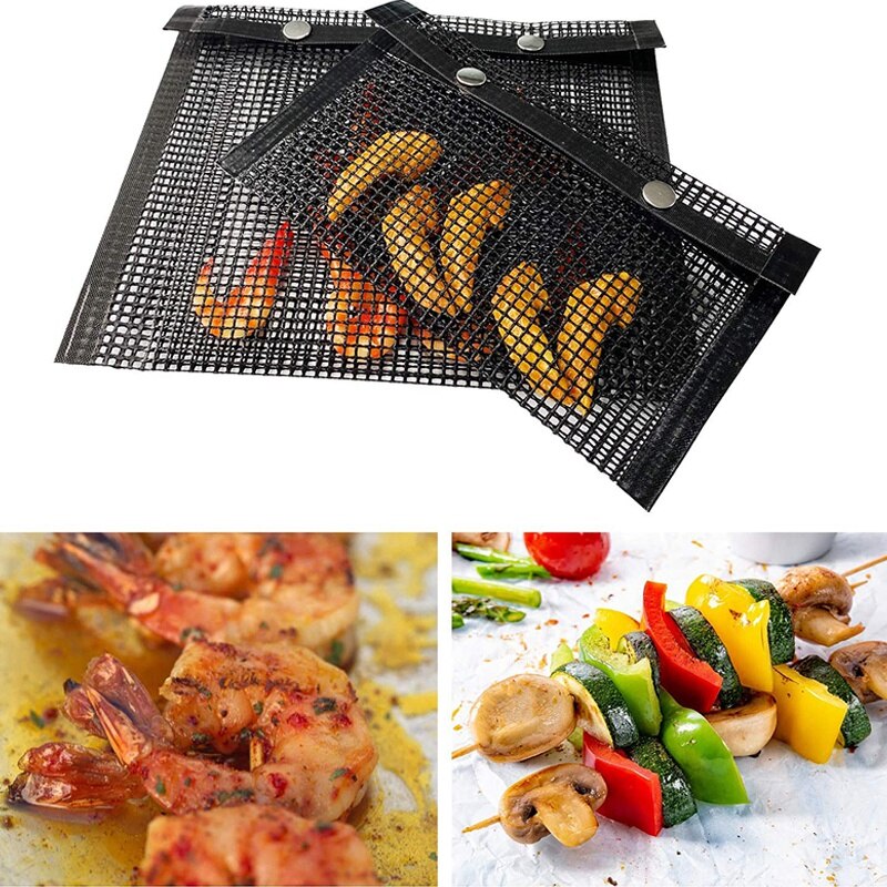 4 Packs Reusable BBQ Grill Mesh Bag-Multi Size Non-Stick BBQ Baked Bag with Silicone Brush Grilling Baking Mesh