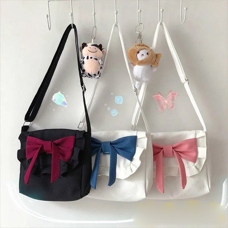 Lolita Mode Boog Vrouwen Schoudertas Canvas Retro Toevallige Messenger Bag Jk Meisje Crossbody Bag Boodschappentas