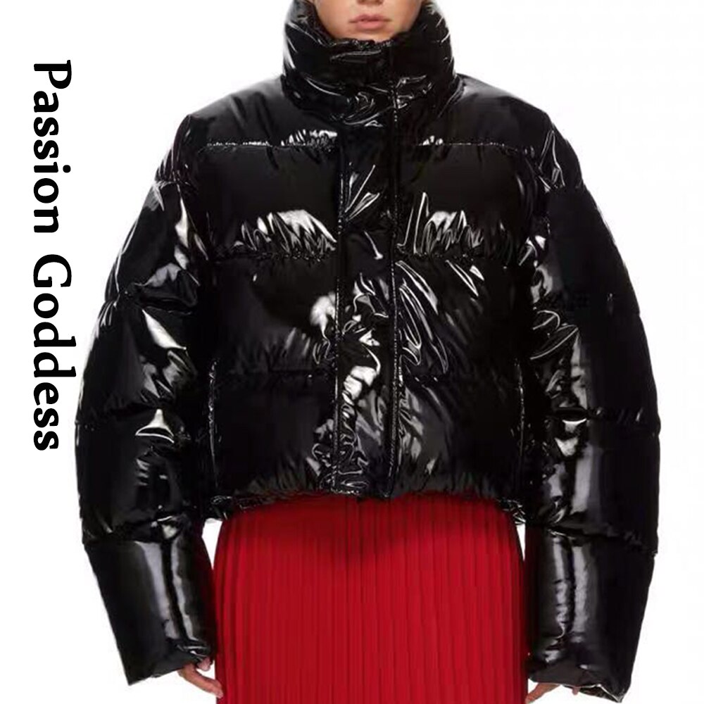 Vrouwen Winter Heldere Pu Puffer Jas Warme Dikke Bubble Jas Oversized Rits Glossy Lederen Down Parka Bovenkleding Leuke Roze Jas