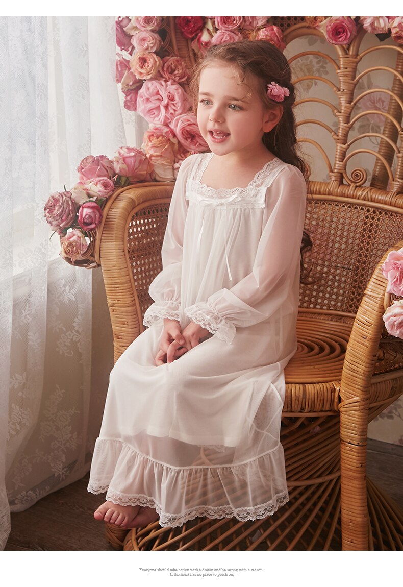 Camisón de princesa para niñas pequeñas, vestido de dormir de malla de encaje, manga larga, longitud media