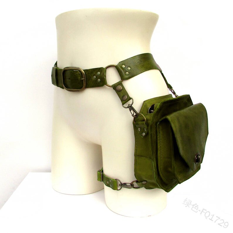 Unisex medieval Leather Rivet Leg Bag Steampunk Retro Rock Waist Belt Bag Crossbody Waist Bags Phone Pouch: Green