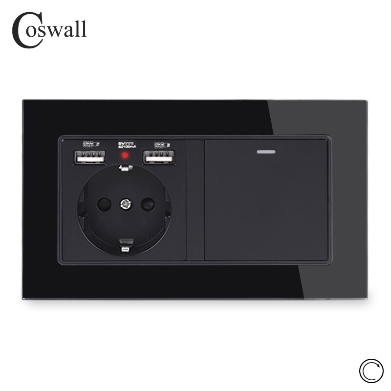 COSWALL EU Russia Spain Wall Socket With 2 USB Charge Port + 1 Gang Reset Momentary Contact Push Button Light Switch Glass Panel: Black