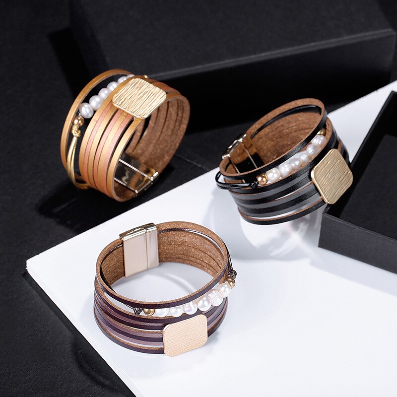 Kirykle Frauen Armbinde Geometrische Platz Metall Charme Leder Armbinde Perle Armbänder Armreifen Goldene Pendeln Schmuck