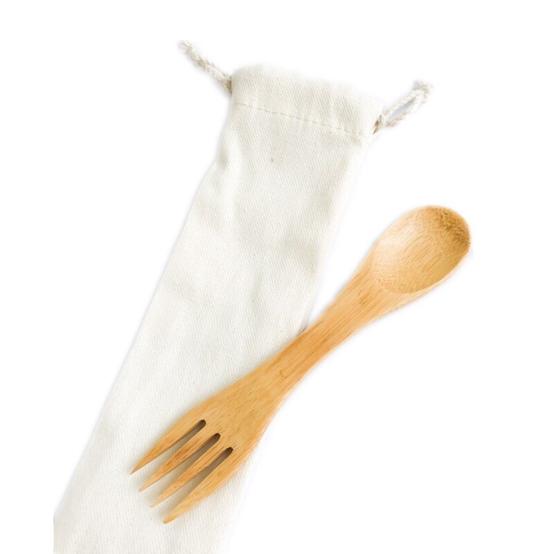 Herbruikbare Bamboe Spork Met Twist Rvs Rietje Nul Afval Bamboe Gebruiksvoorwerpen 2 In 1 Bamboe Lepel Houten Vork te Gaan: spork pouch set