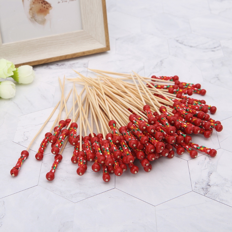 100pcs Beads Bamboo Cocktail Picks Food Sticks Disposable Toothpicks Party