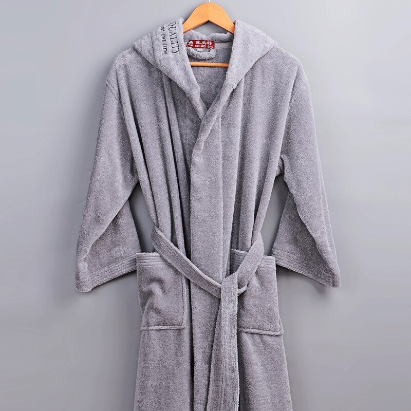 Albornoz grueso y cálido para hombre, bata de baño de algodón con capucha de para Hotel y hogar, bata de baño con cordón, novedad de: gray / L