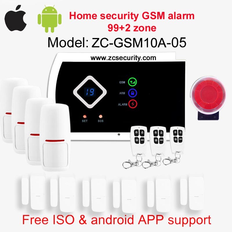 99 wireless & 2 wired zone home security GSM alarm system ISO & android APP support