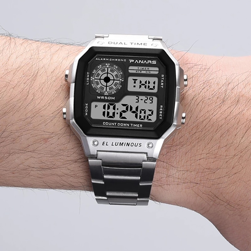 Panars Rvs Horloge Voor Mannen Alarm Chrono 50M Waterdichte Man Polshorloge Bedrijf Mannelijke Digitale Horloges Relogio Masculino