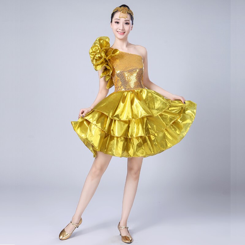 Vestido corto de macramé dorado para mujer, ropa de danza folclórica moderna para actuaciones de Coro, vestidos elegantes de talla grande para escenario DL5732