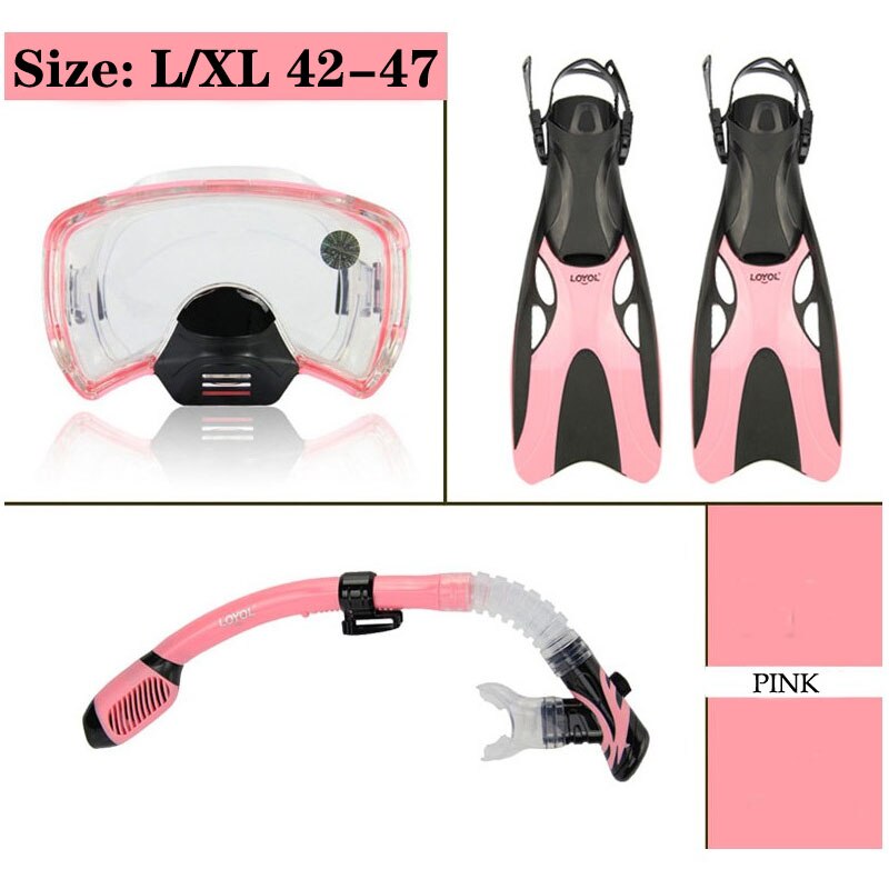 Diving Mask Diving Fins Snorkeling Tube Set Men Women Shoes Swim Glasses Adult Long Flippers Sports Equipment: Pink Size 42-47